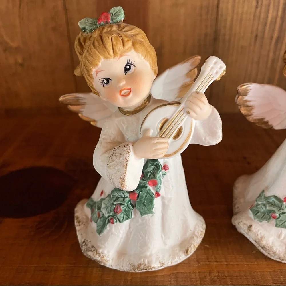 Homco Vintage Lot of 3 Christmas Angels w/ InstrumentsCeramic #5252 Holly Berry